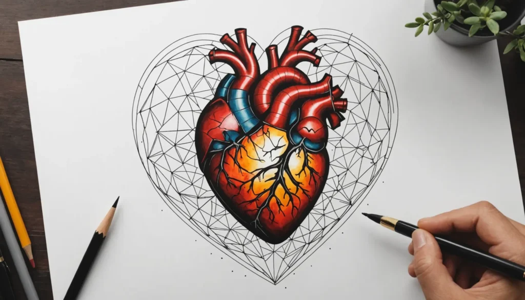Närbild av en hjärtatatuering med detaljerad design som illustrerar symbolik och modern stil.