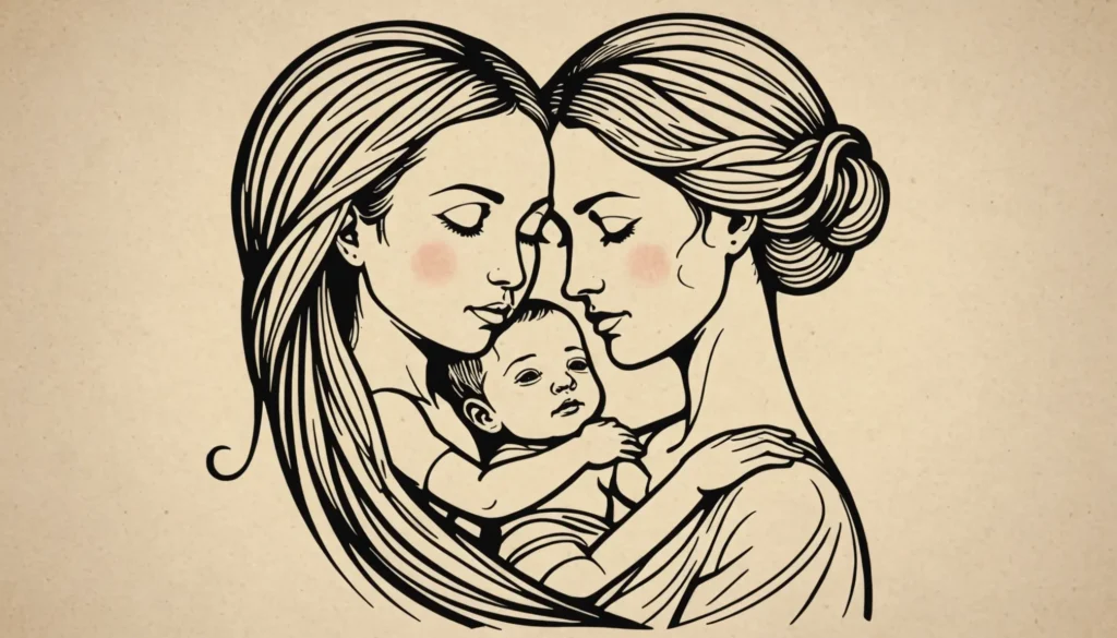Illustration av en mamma och barn tatuering med symboliska element som representerar kärlek och samhörighet.