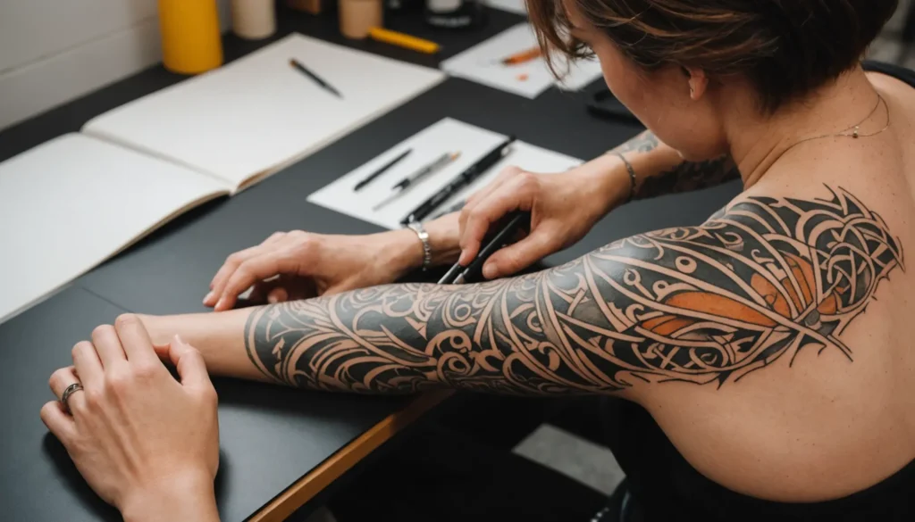 Kvinnlig tatueringsdesigner som fokuserar på en detaljerad sleeve tatuering i en modern studio.