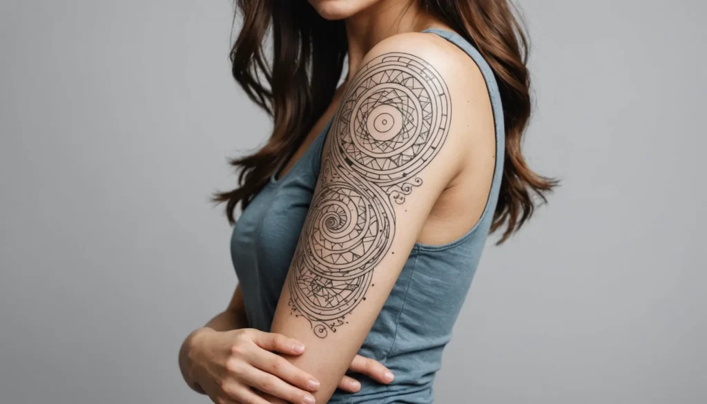 Kvinna med en inspirerande sleeve tatuering och handbok bredvid, som visar processen att skapa en unik tatuering steg för steg.