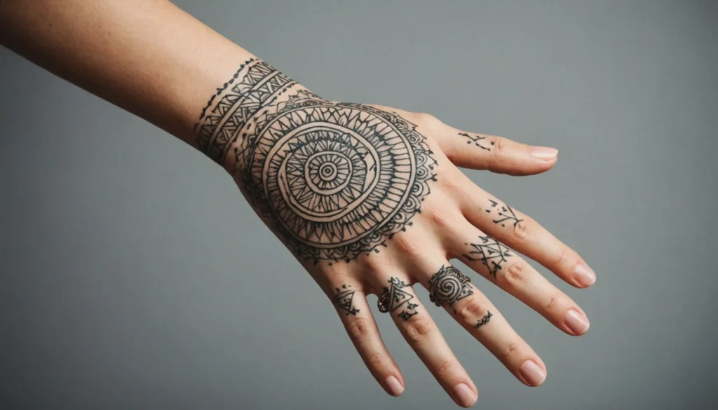 Närbild på en hand med en elegant tatuering som speglar personlig stil och symbolik.
