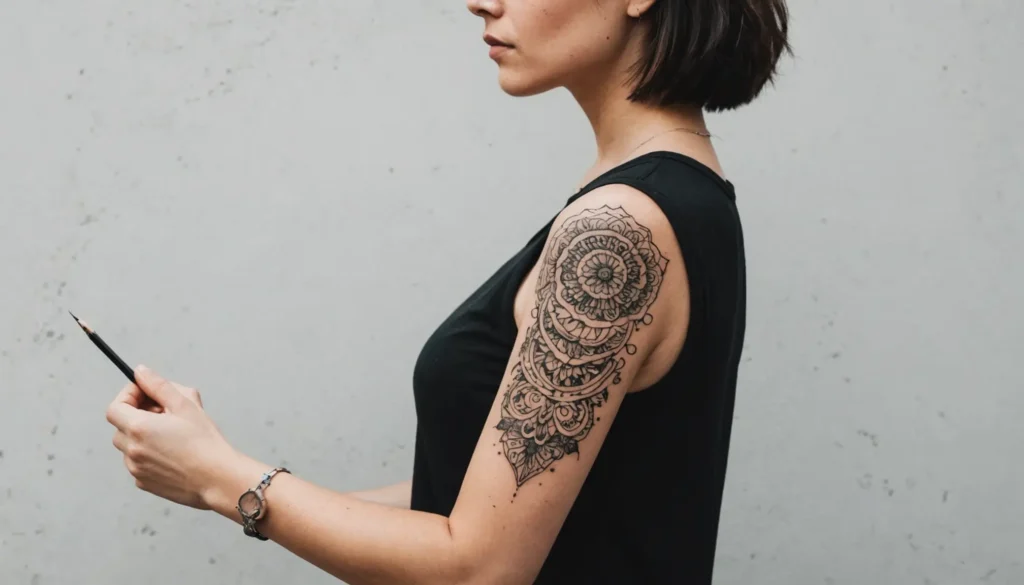 Kvinna med elegant armtatuering som visar modern design och djup symbolik för 2025.