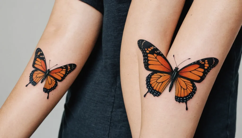 Detaljerad tatuering av en liten fjäril med elegant design och stilfulla linjer.