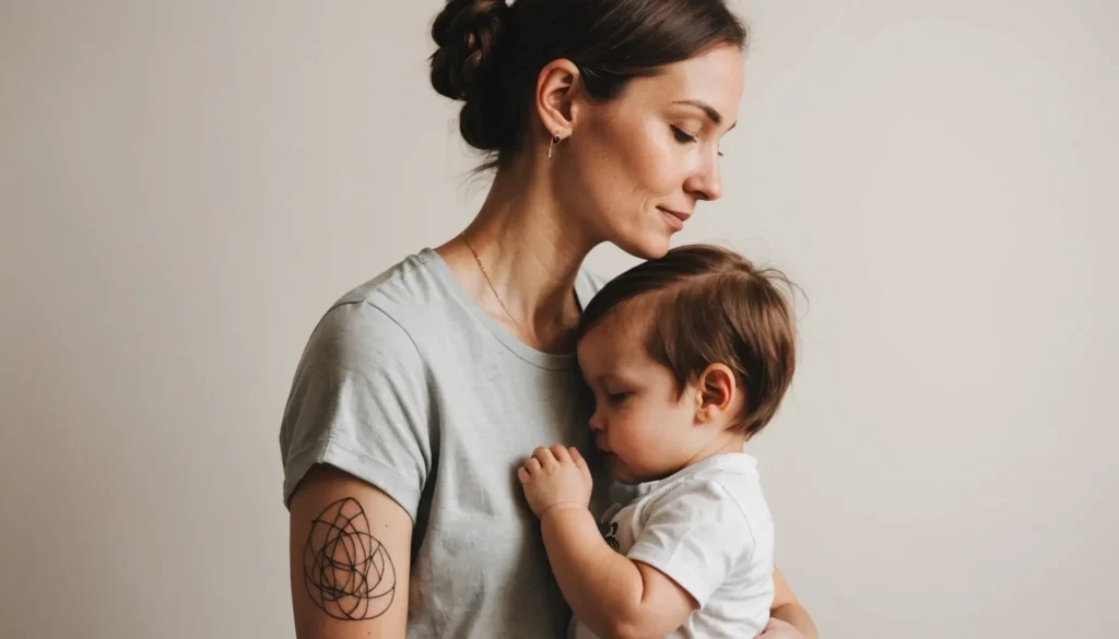 En modern moderbarn-tatuering med tydliga symboler för kärlek, skydd och gemenskap i en stilren design.