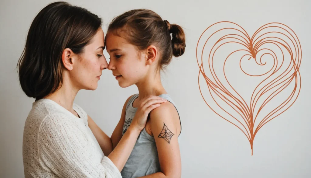 Närbild av matchande mamma dotter tatueringar med symboler som representerar ett starkt och livslångt band.