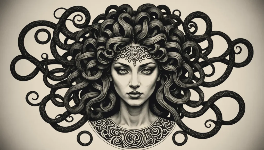 Närbild av en medusa-tatuering med slingrande ormar och intensiv blick som symboliserar kraft och mytologisk betydelse.