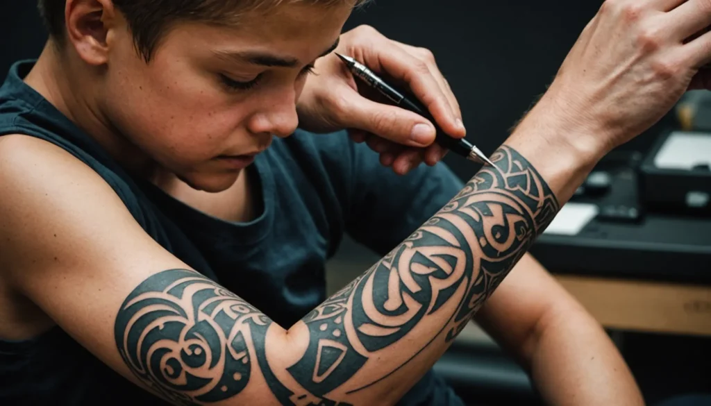 Bild på en arm med ett konstnärligt tatuerat barnnamn, illustrerad med designinspiration och expertråd.