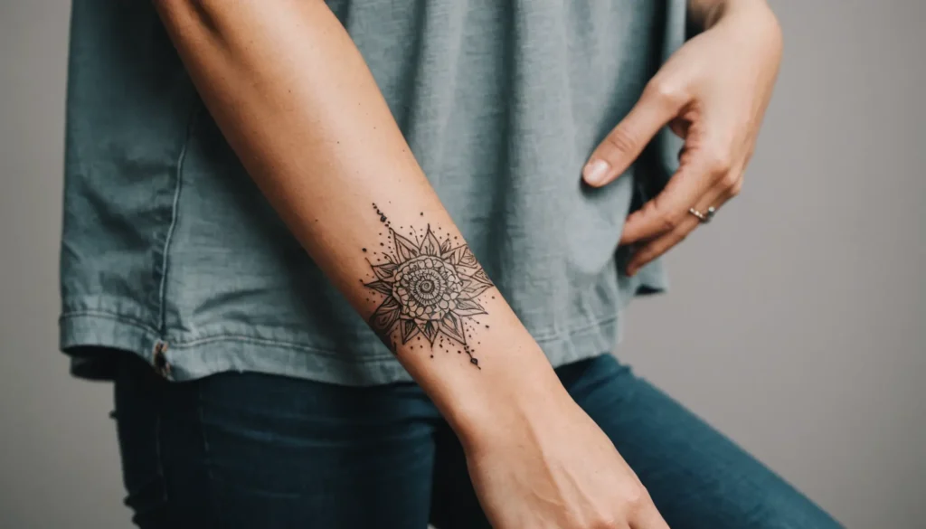Närbild av en trendig handledstatuering på en tjej, med modern design och eleganta detaljer som illustrerar 2024 års tatueringsstil.