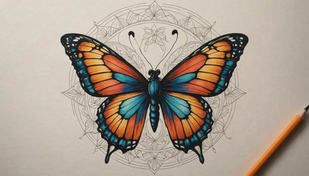 Fjäril mandala tatuering med detaljerade mönster som symboliserar transformation, frihet och balans.