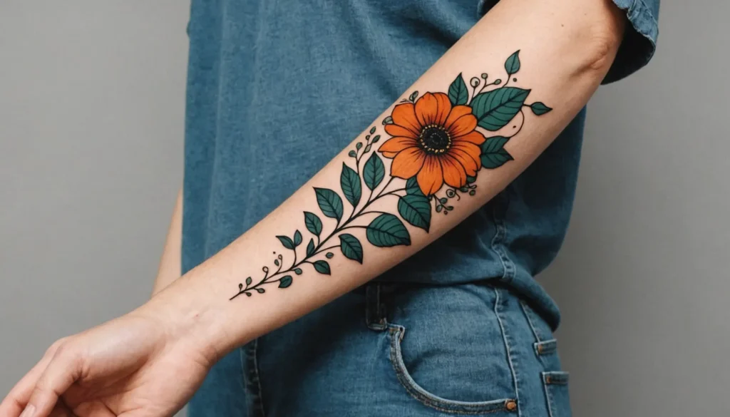 Arm med en elegant blommig tatuering, illustrerad med detaljerade blommönster och naturliga färger som visar 2025 års trend.