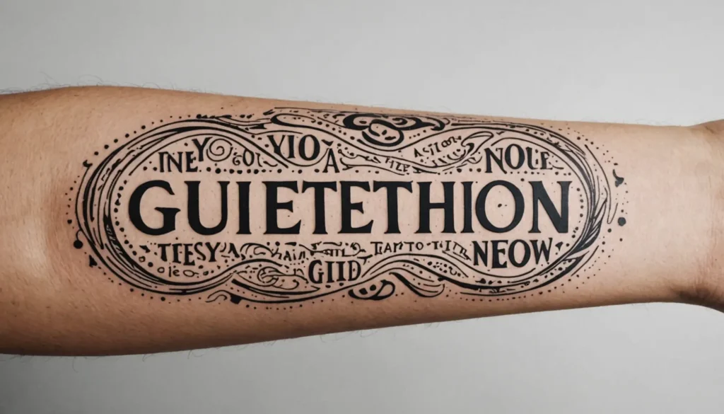 Närbild av en underarm med en elegant texttatuering.