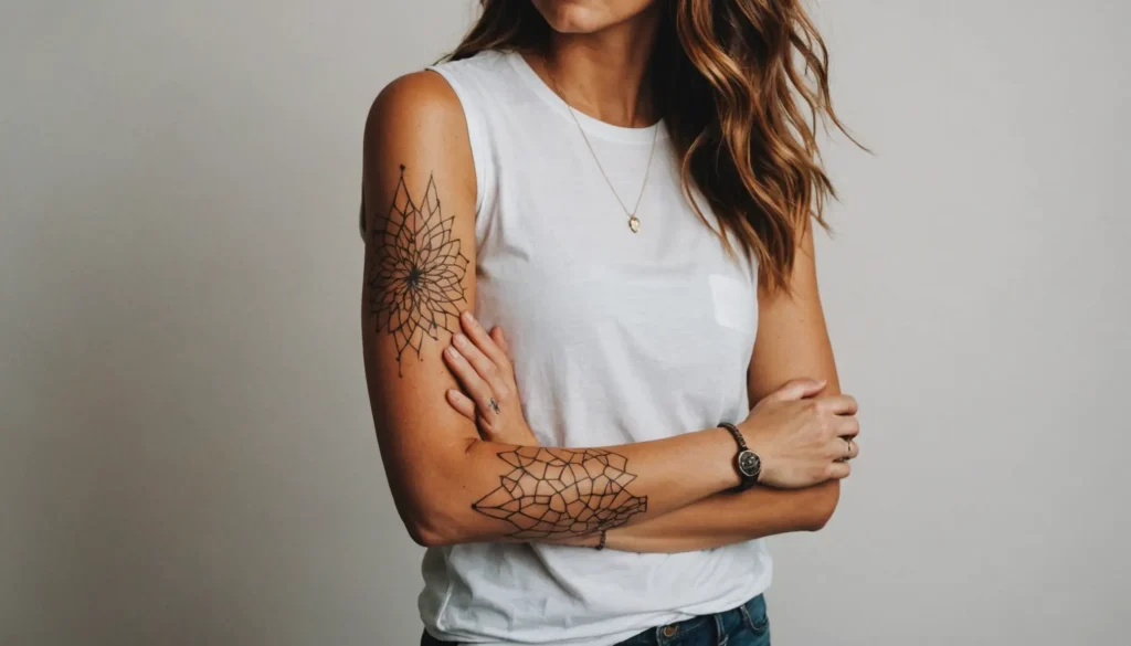 Närbild av en kvinnas arm prydd med en detaljerad, rostinspirerad tatuering i en blandning av modern och vintage stil.