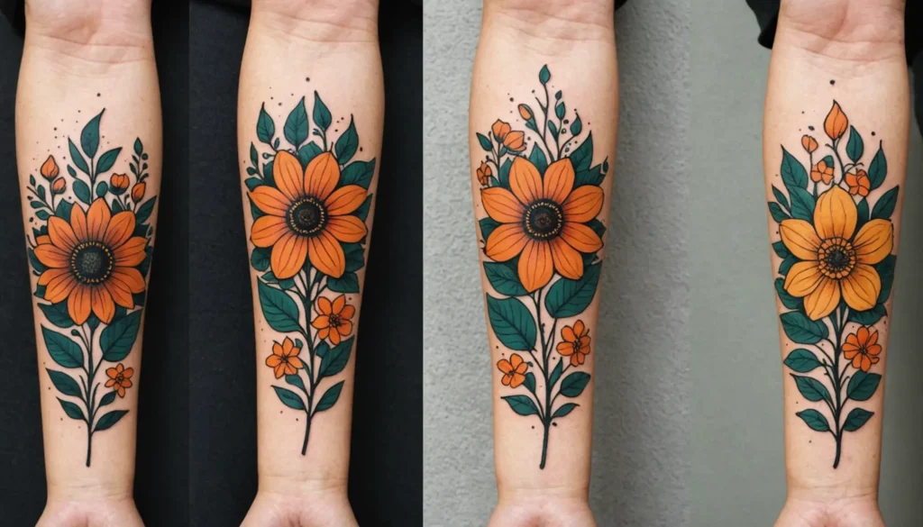 Närbild av en elegant blomtatuering med fina blomdetaljer på en underarm.