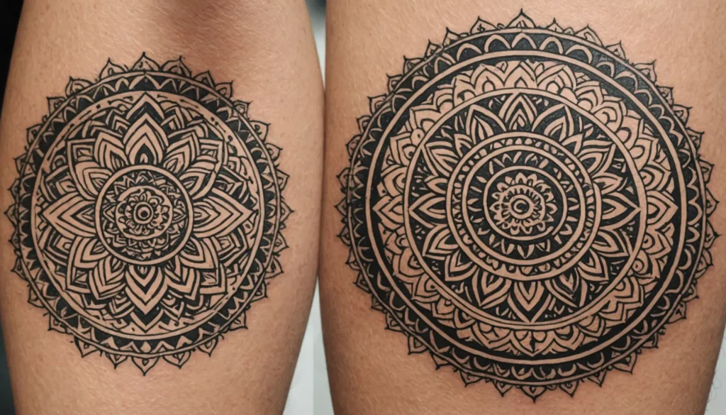 Detaljerad illustration av en mandala tatuering med komplexa mönster som symboliserar andlighet och inre balans.