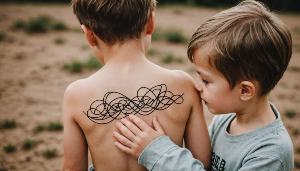 Förälder och barn diskuterar en säker, stilren design för en namntatuering.