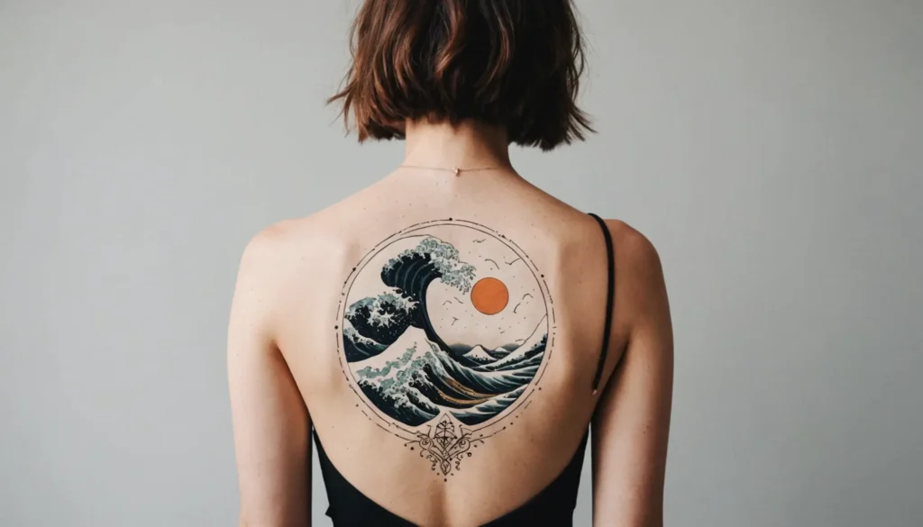 Kvinnlig rygg med detaljerad, modern tatuering som speglar 2025 års trendiga tatueringsstilar.