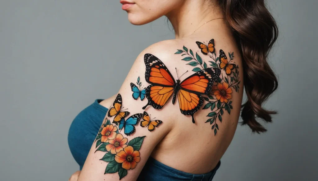 Närbild av en tatuering med en blomma och en fjäril, symboliserande 2025 års trend.